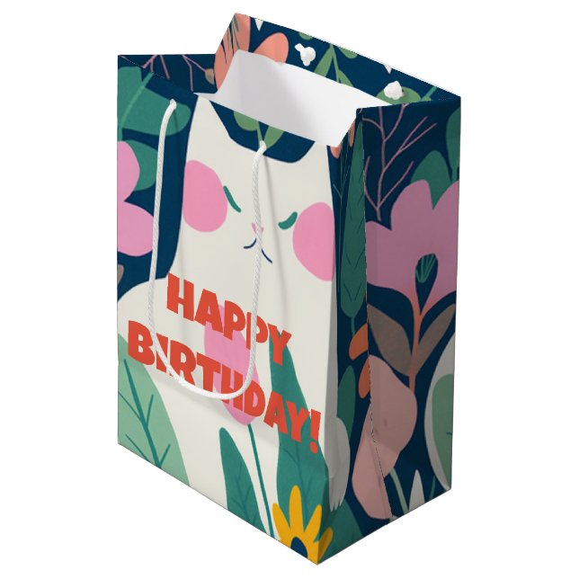 Sac Cadeau Moyen Chat doux et fleurs Joyeux anniversaire (Devant Angle)