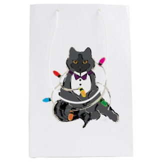 Sac Cadeau Moyen Chat Gris Enveloppé Dans Les Lumières De Noël