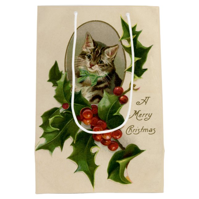 Sac Cadeau Moyen Chat Noël Joyau Holly Kitten Art antique (Dos)