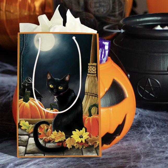 Sac Cadeau Moyen Chat noir automnal ensorcelant sous la lune (Créateur téléchargé)