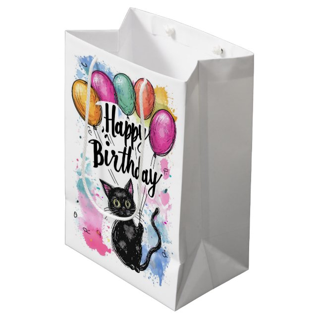 Sac Cadeau Moyen Chat noir avec ballons (Devant Angle)