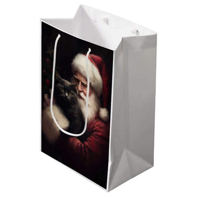 Sac Cadeau Moyen Chat noir avec Noël Festif du Père Noël (Devant Angle)