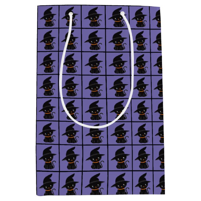 Sac Cadeau Moyen Chat Noir Avec Une Sorcière Casquette Halloween (Devant)