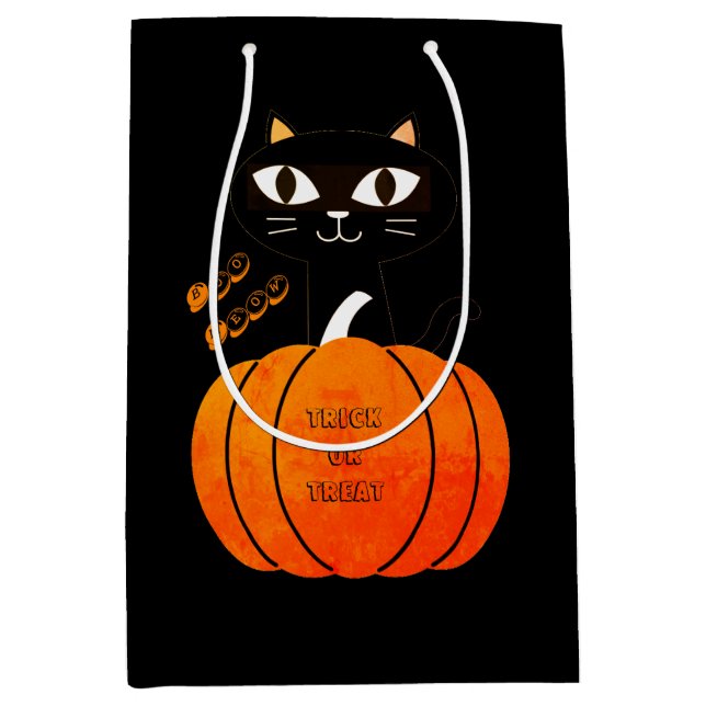 Sac Cadeau Moyen Chat Noir Citrouille Orange Tri Ou Traiter Hallowe (Devant)