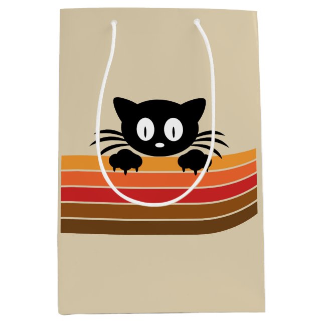 Sac Cadeau Moyen Chat noir mignon avec rayures rétro (Devant)