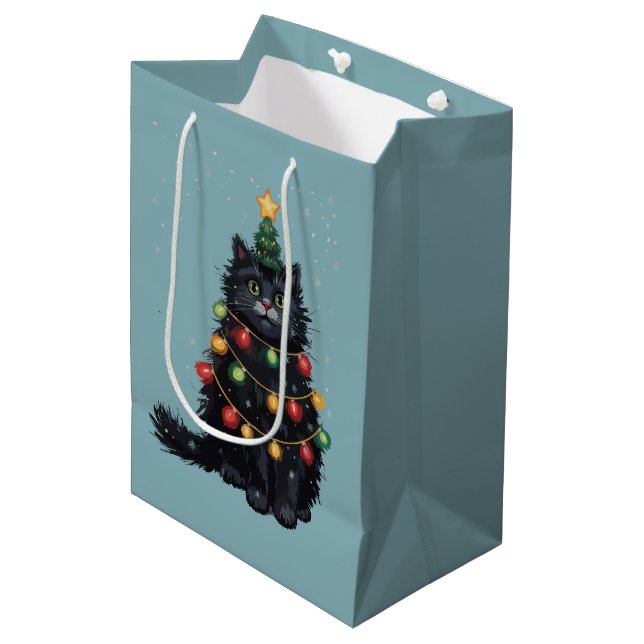 Sac Cadeau Moyen Chat noir Peinture à l'huile d'arbre de Noël (Devant Angle)
