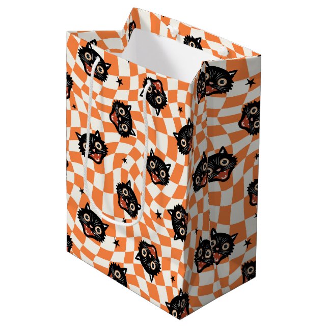 Sac Cadeau Moyen Chat noir rétro Motif chèque orange (Devant Angle)