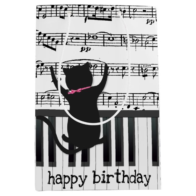 Sac Cadeau Moyen Chat Noir Sur Touches De Piano (Devant)