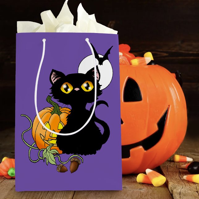 Sac Cadeau Moyen Chat noir violet Citrouille d'Halloween (Créateur téléchargé)
