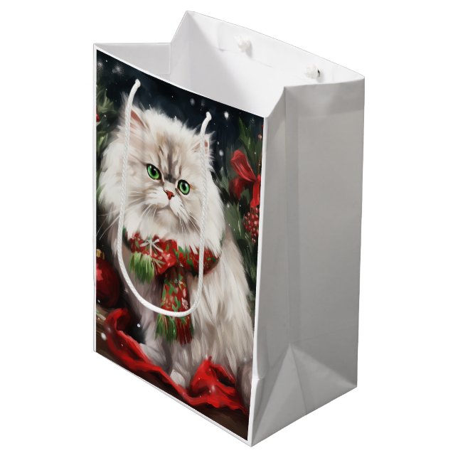 Sac Cadeau Moyen Chat perse en Noël de neige (Devant Angle)