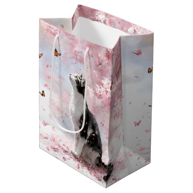 Sac Cadeau Moyen Chat Sakura et Papillons (1) (Devant Angle)