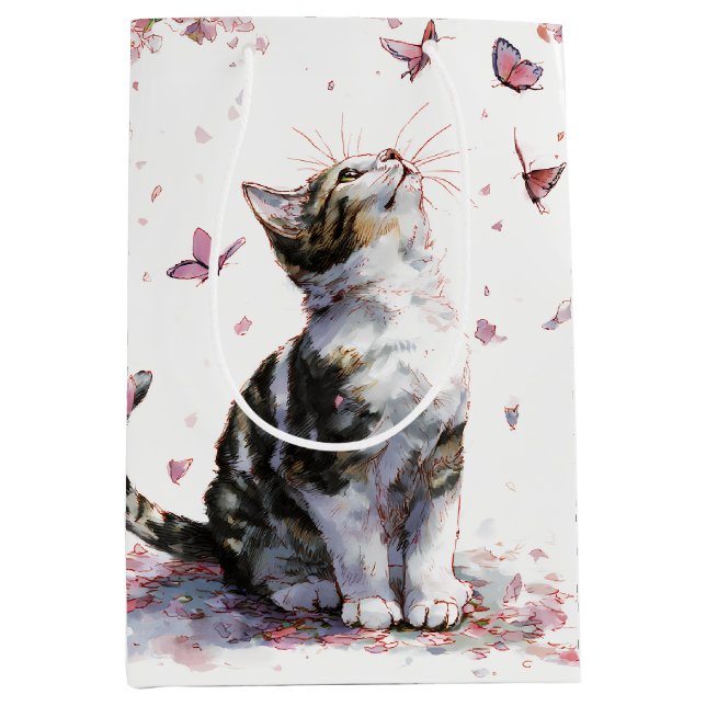 Sac Cadeau Moyen Chat Sakura et Papillons (10) (Devant)