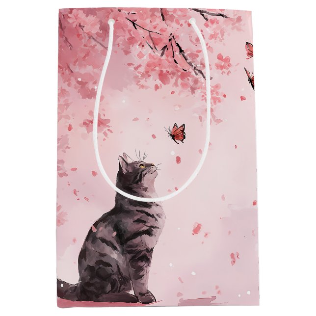 Sac Cadeau Moyen Chat Sakura et Papillons (12) (Devant)