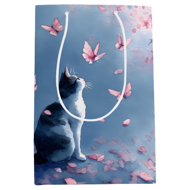 Sac Cadeau Moyen Chat Sakura et Papillons (4) (Devant)