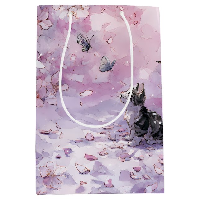 Sac Cadeau Moyen Chat Sakura et Papillons (5) (Devant)