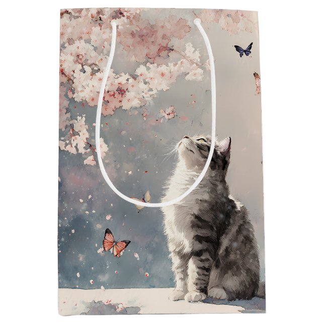 Sac Cadeau Moyen Chat Sakura et Papillons (6) (Devant)