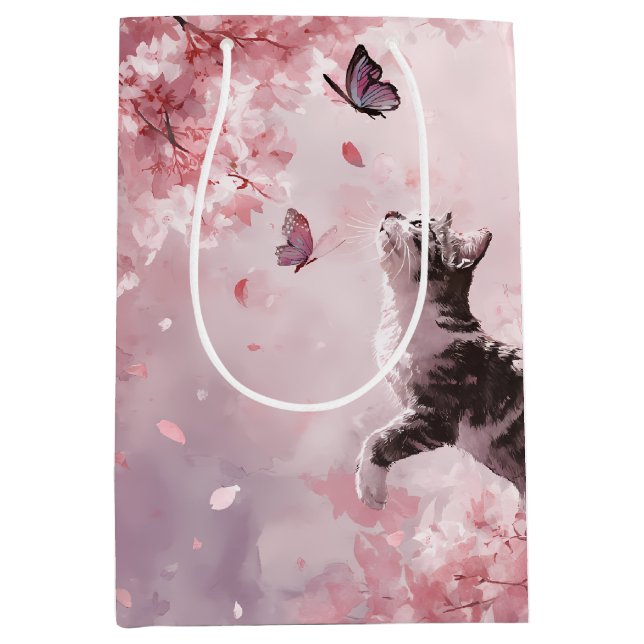 Sac Cadeau Moyen Chat Sakura et Papillons (7) (Devant)