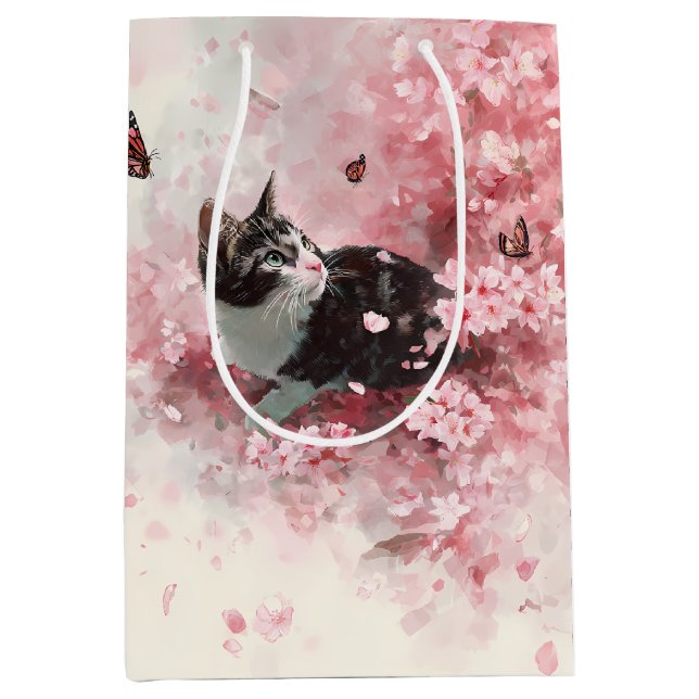 Sac Cadeau Moyen Chat Sakura et Papillons (8) (Devant)
