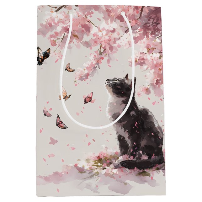 Sac Cadeau Moyen Chat Sakura et Papillons (9) (Devant)