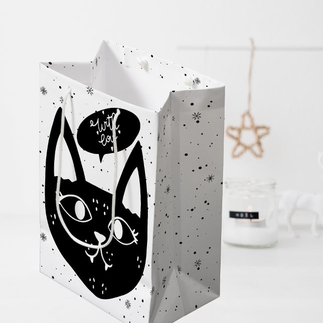 Sac Cadeau Moyen Chat scandinave disant avec amour noir et blanc (Stylish With Love Scandinavian Black Cat Medium Gift Bag)