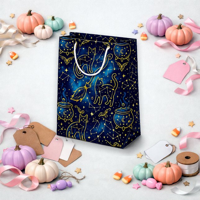 Sac Cadeau Moyen Chat sorcier sarcelle or astrologie (Créateur téléchargé)