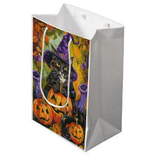 Sac Cadeau Moyen Chat Tuxedo Effrayant Halloween Sorcière et Citrou