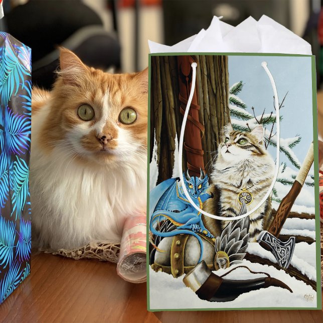 Sac Cadeau Moyen Chat Viking Bleu Dragon Fantastique (Créateur téléchargé)