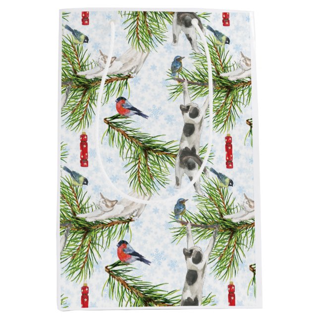 Sac Cadeau Moyen Chaton de Noël avec Oiseaux (Devant)