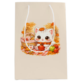 Sac Cadeau Moyen Chaton de pique-nique automnal Kawaii – Chat migno