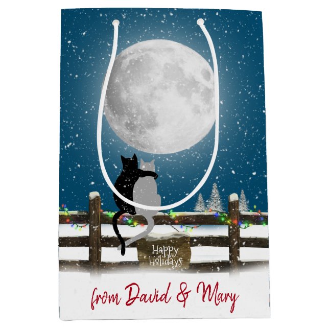 Sac Cadeau Moyen Chats de Noël sur la clôture avec la lune (Devant)