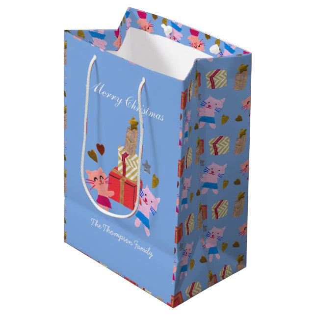 Sac Cadeau Moyen chats mignons avec le bleu présent Noël (Devant Angle)
