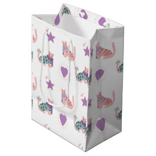 Sac Cadeau Moyen Chats roses mignons avec coeur et étoiles motif