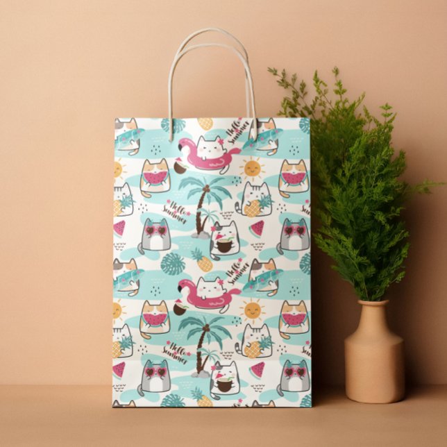 Sac Cadeau Moyen Chats tropicaux d'été rose pastel (Summer tropical cats pastel pink medium gift bag)