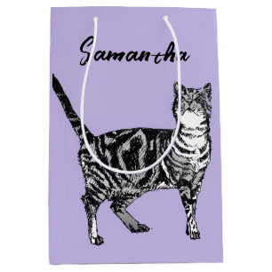 Sac Cadeau Moyen Chatte tigrée noire et blanche Nom Violet 