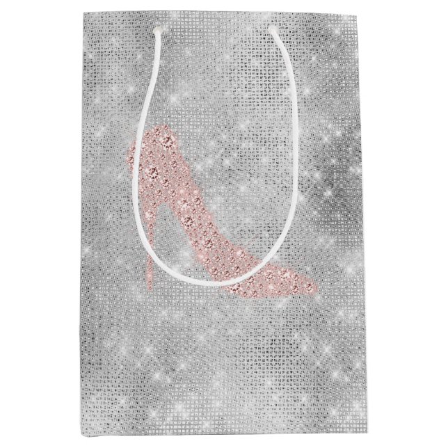 Sac Cadeau Moyen Chaussures à talons diamant rose argenté brillant  (Devant)