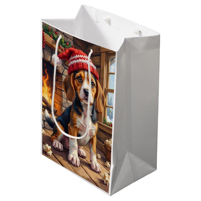 Sac Cadeau Moyen Cheerful Beagle Puppy in Stocking Cap Cozy (Devant Angle)