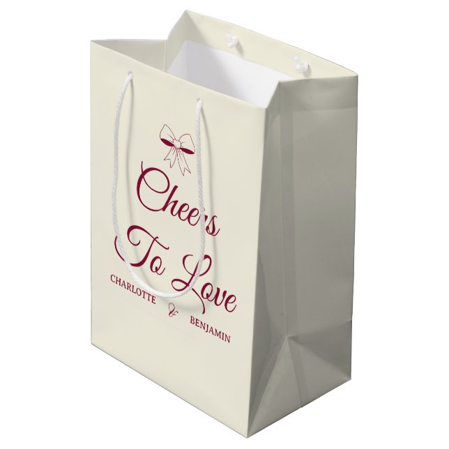 Sac Cadeau Moyen Cheers To Love Burgundy Script Ivory Bow Wedding (Dos Angle)