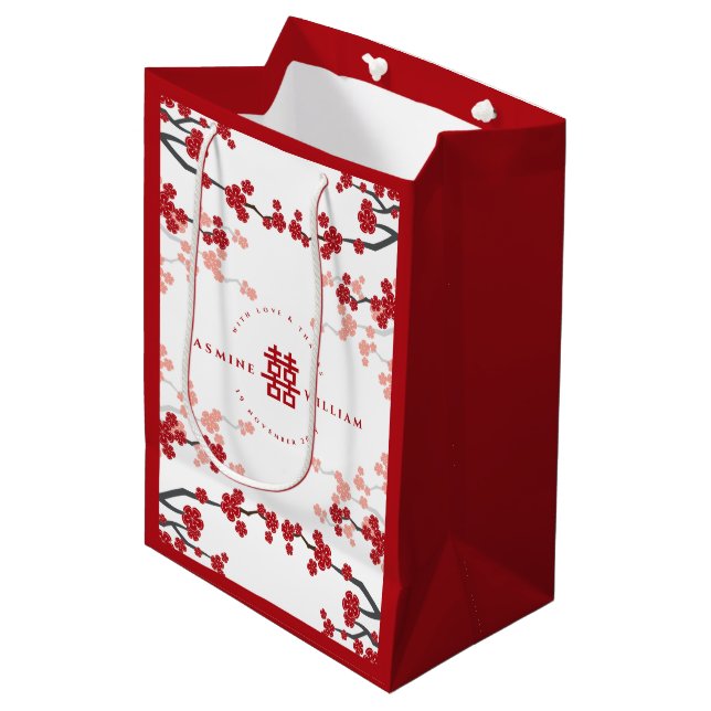 Sac Cadeau Moyen Cherry Blossoms & Double Bonheur Mariage chinois (Devant Angle)