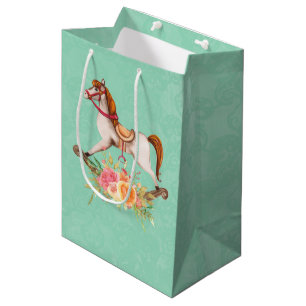 Sac Cadeau Moyen Cheval à roche vintage avec Bouquet floral