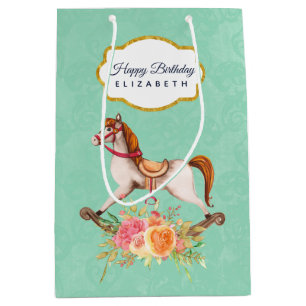 Sac Cadeau Moyen Cheval à Rocks vintage avec Bouquet Floral Anniver