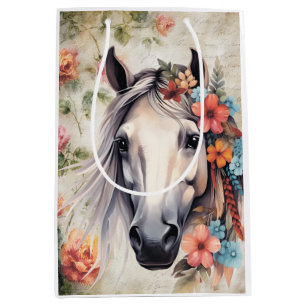 Sac Cadeau Moyen Cheval blanc dans les fleurs.