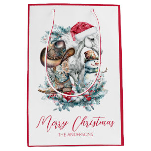 Sac Cadeau Moyen Cheval de Noël en Chat de Noël cowgirl cowboy bott