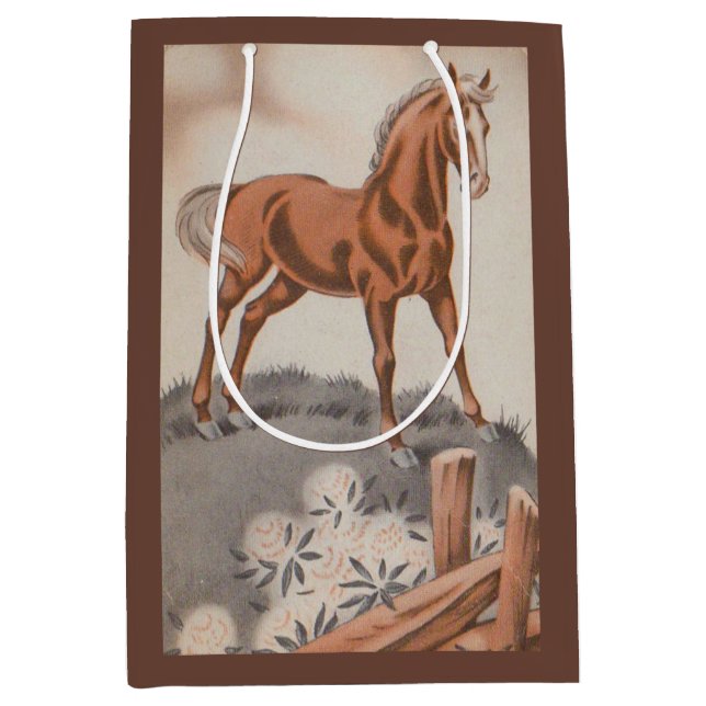 Sac Cadeau Moyen cheval heureux en brun (Devant)