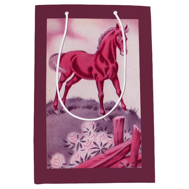 Sac Cadeau Moyen cheval heureux en rose (Devant)