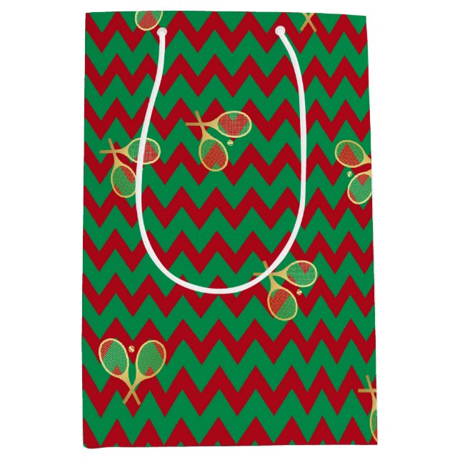 Sac Cadeau Moyen Chevron Zig Zag Ruby Red Green Tennis de Noël (Devant)