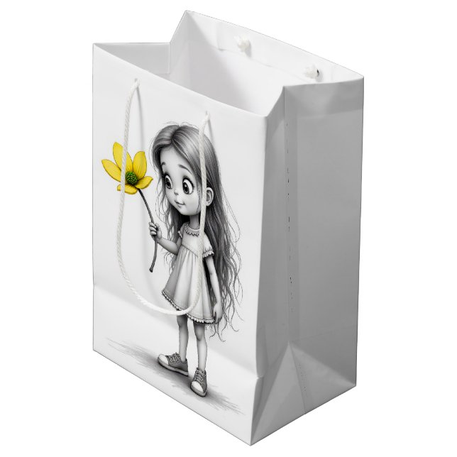 Sac Cadeau Moyen Chibi Petite Fille Avec Fleur Jaune (Devant Angle)