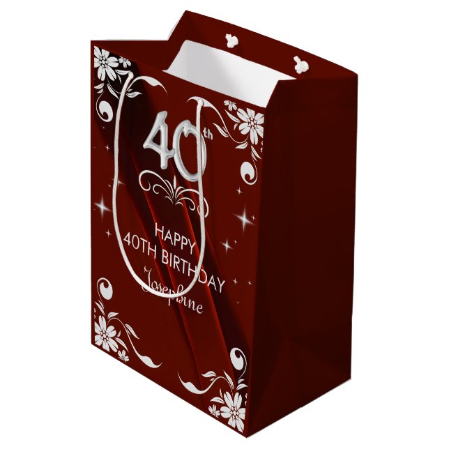 Sac Cadeau Moyen Chic Argent Cadre Floral Bourgogne 40e anniversair (Dos Angle)