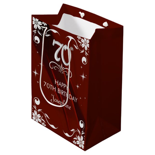 Sac Cadeau Moyen Chic Argent Cadre Floral Bourgogne 70e anniversair (Devant Angle)
