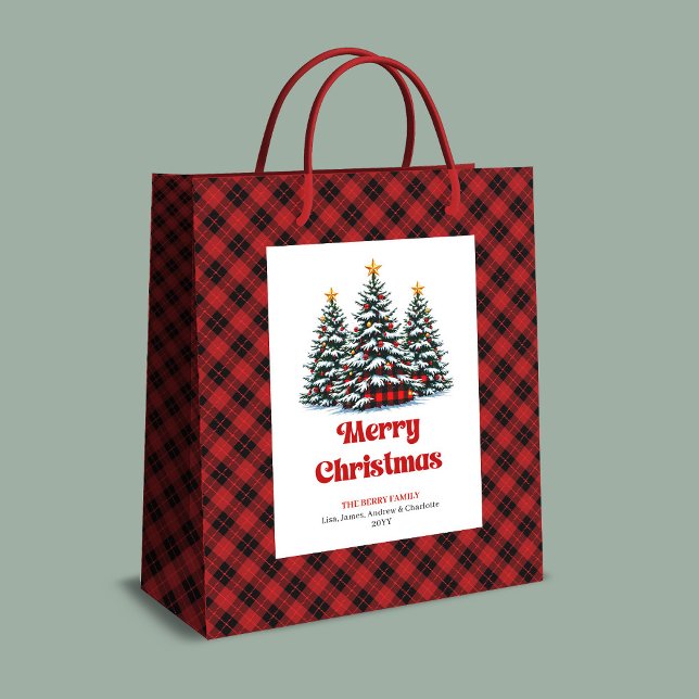 Sac Cadeau Moyen Chic buffalo plaid tree Christmas bag personalized (Chic buffalo plaid tree Christmas bag personalized)
