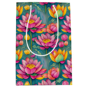 Sac Cadeau Moyen Chic Colorful Lotus Fleur Botanique Vert